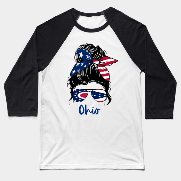 Ohio girl Messy bun , American Girl , Ohio Flag Baseball T-Shirt by JayD World